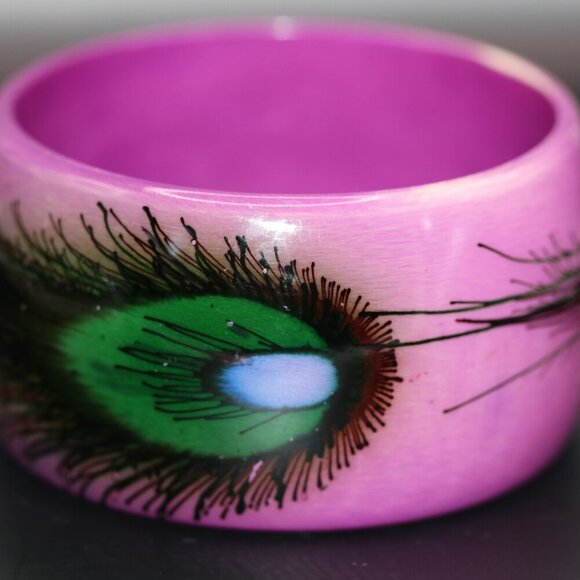 Vintage 3" Diameter Chunky Wide (1.25") Bangle Bracelet with Peacock Feathers - Picture 2 of 4